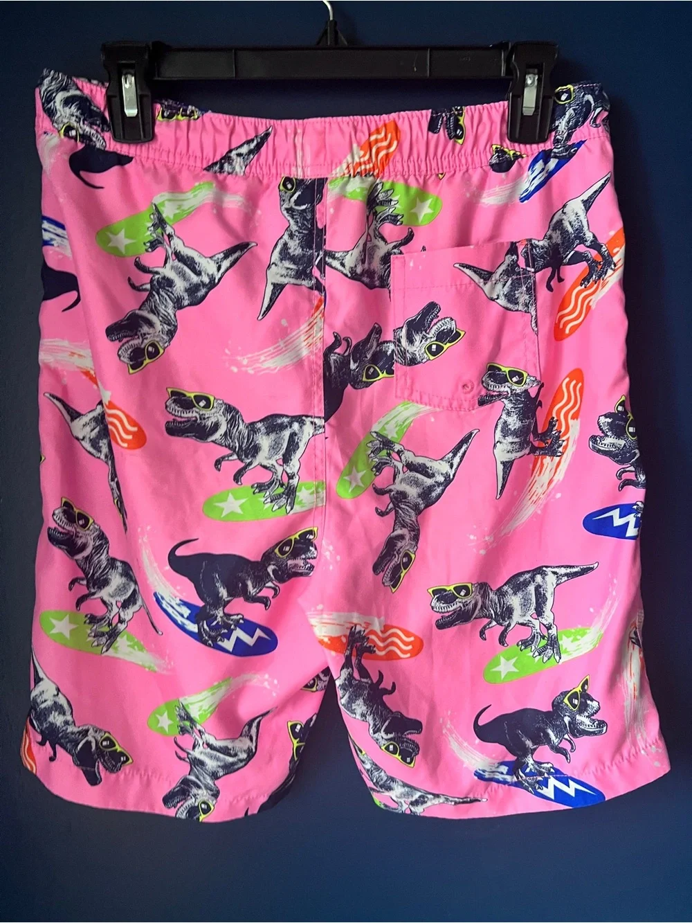 Lands’ End Boys XXL 18-20 Dinosaur Swim Trunks Pink Surf T Rex Board Shorts